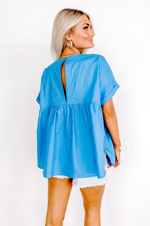 Greek Isles Linen-Blend Babydoll Top Ocean Blue