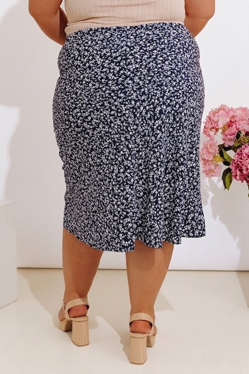 The Caitlyn High Waist Floral Midi Skirt in Navy Curves