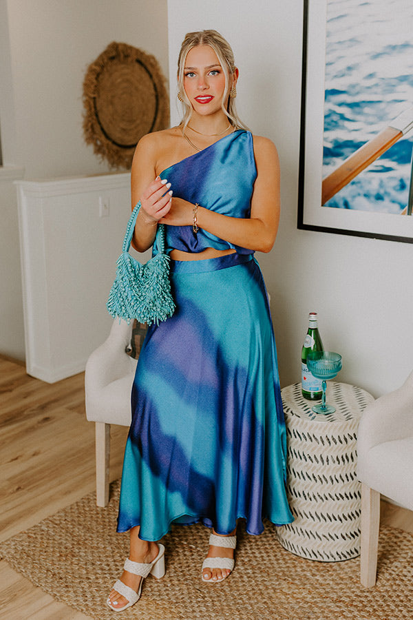 Moonlit Lagoon High Waist Satin Midi Skirt in Blue