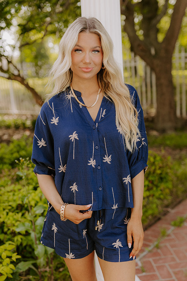 Palm Tree Oasis Embroidered Button Down Top