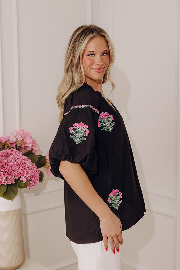 Bloom And Grace Floral Embroidered Top in Black
