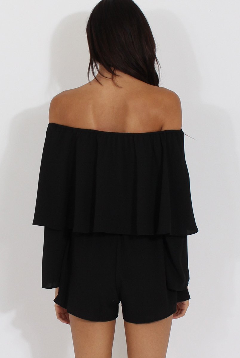 Black Bardot Frill Layer Playsuit - Ema