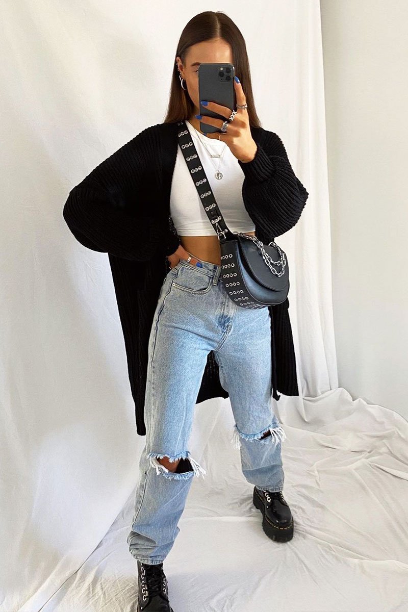 Black Balloon Sleeve Longline Knit Cardigan - Abbie