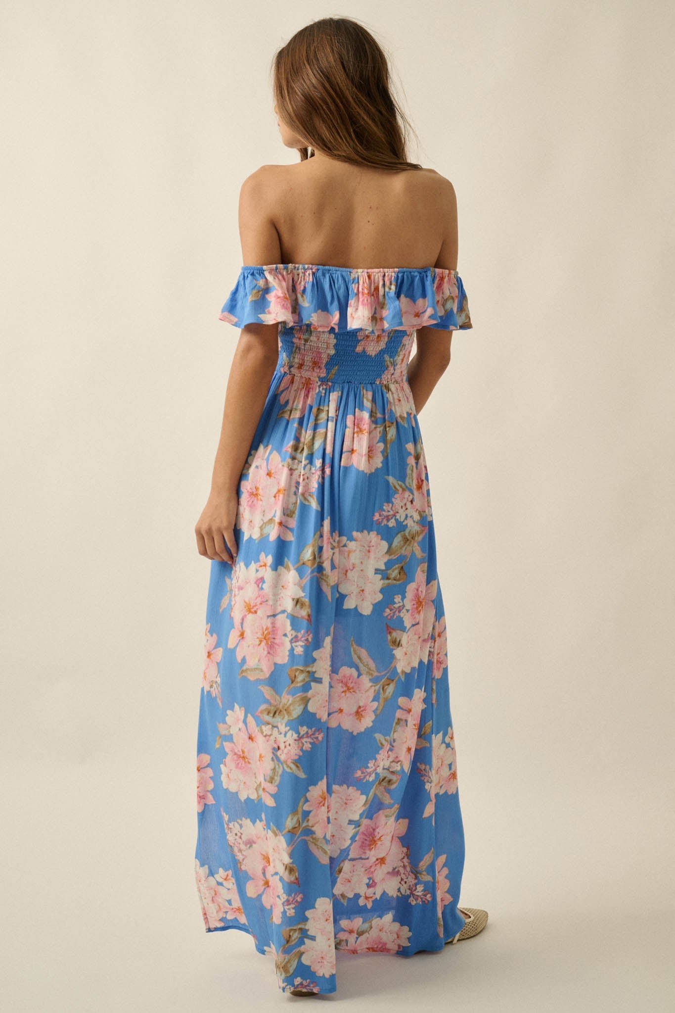 Elegant Garden Floral Smocked Off-Shoulder Maxi Dress