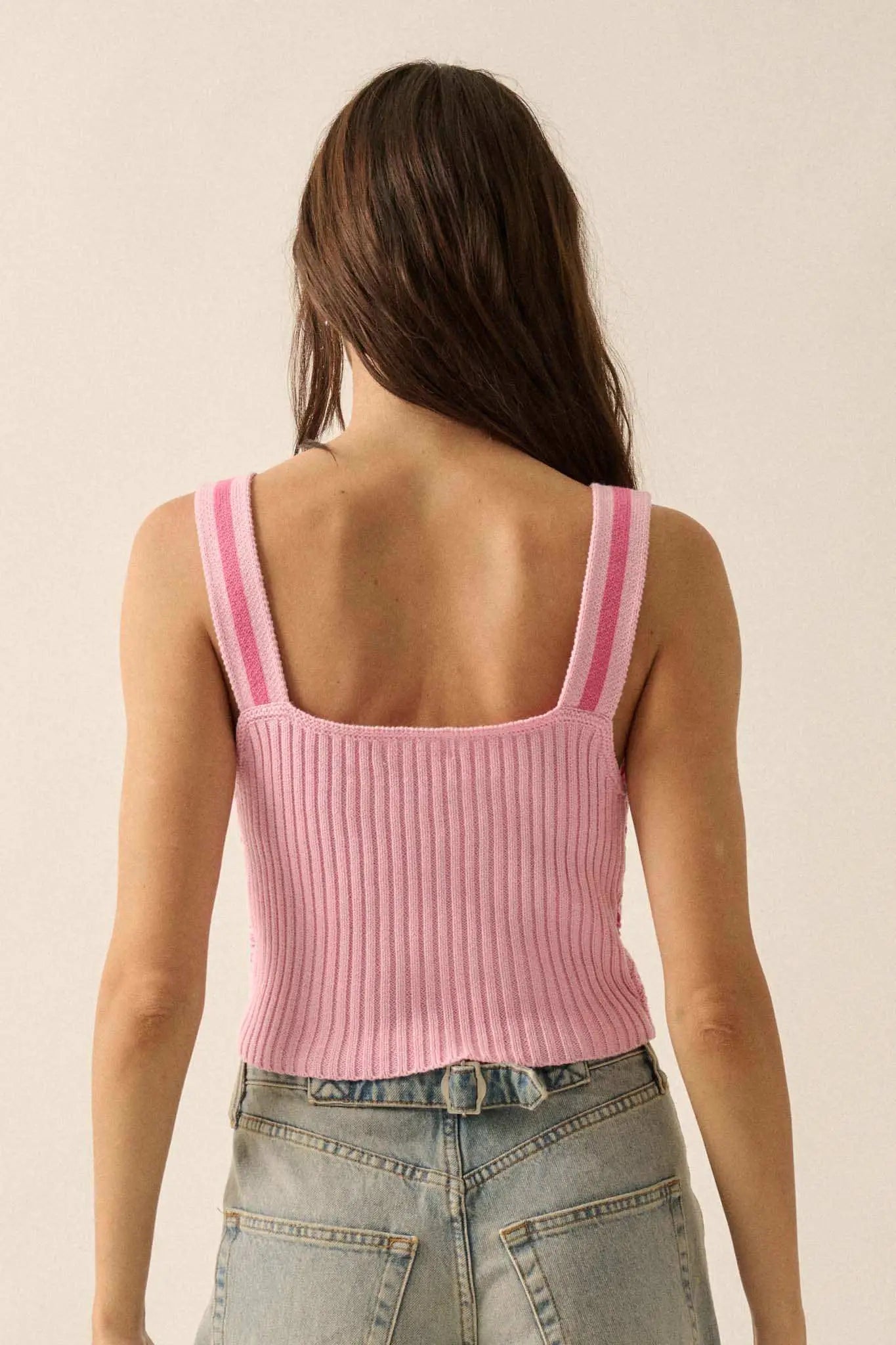 Cali Calling Striped Crochet Knit Cropped Tank Top