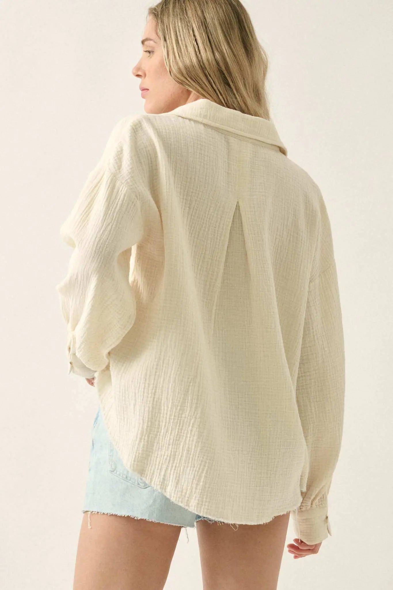 Wild Oats Crinkle Cotton Raw-Edge Button-Up Shirt
