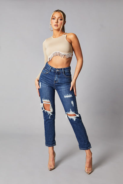 Beige Rib Knit Diamante Detail One Sleeve Cropped Top -- Aina