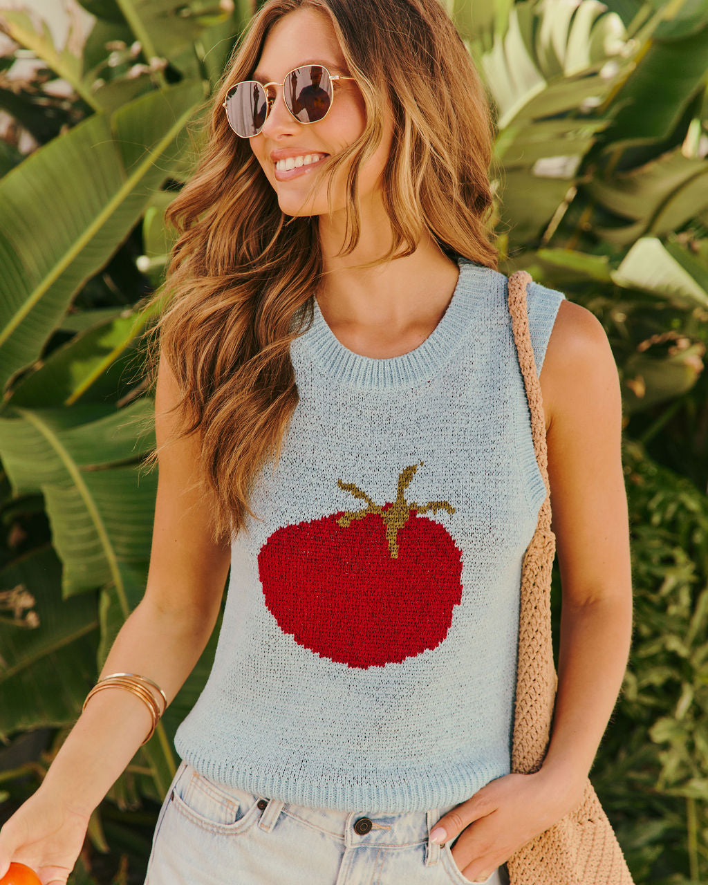 Farmstand Glow Tomato Print Knit Sleeveless Sweater