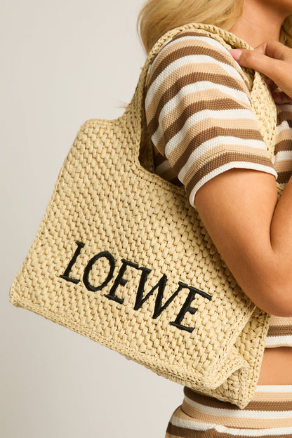 Beige Logo Detail Woven Raffia Tote Bag - Elanor