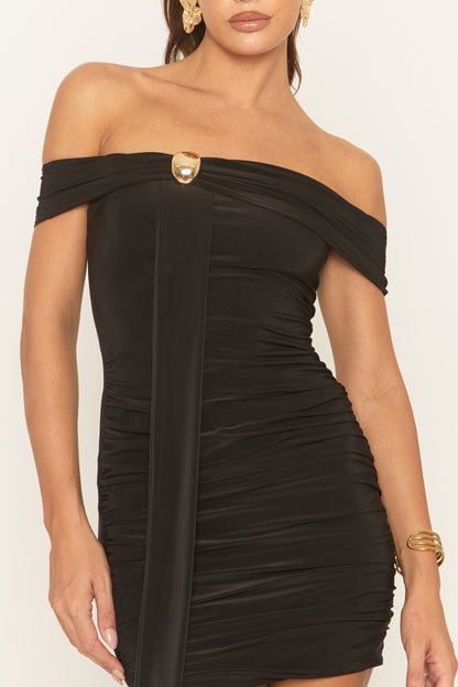 Black Bardot Drape Trim Detail Mini Dress - Leyne