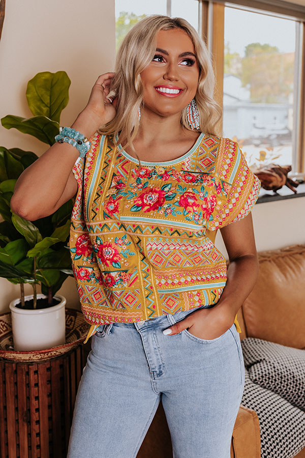 Patio Luxury Embroidered Top In Mustard
