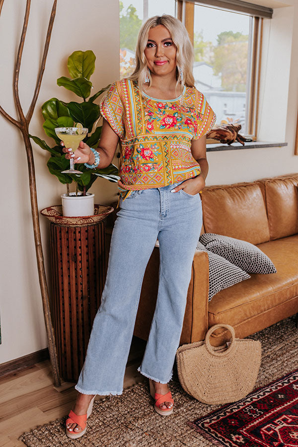Patio Luxury Embroidered Top In Mustard