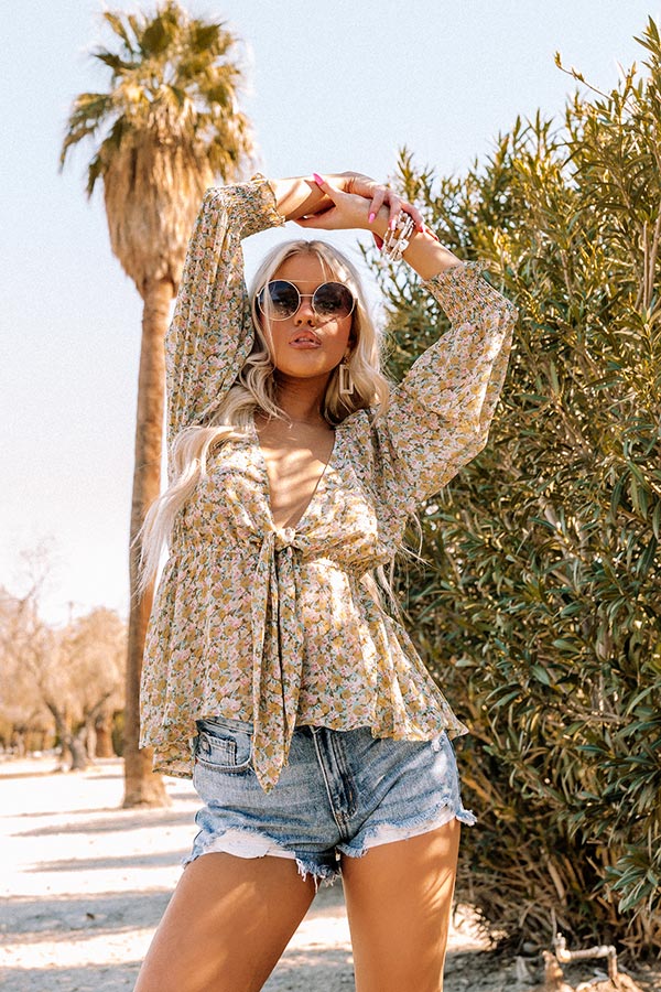 Stolen Moment Floral Front Tie Top In Aqua