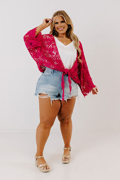 Sail The Day Away Front Tie Crochet Top in Hot Pink Curves