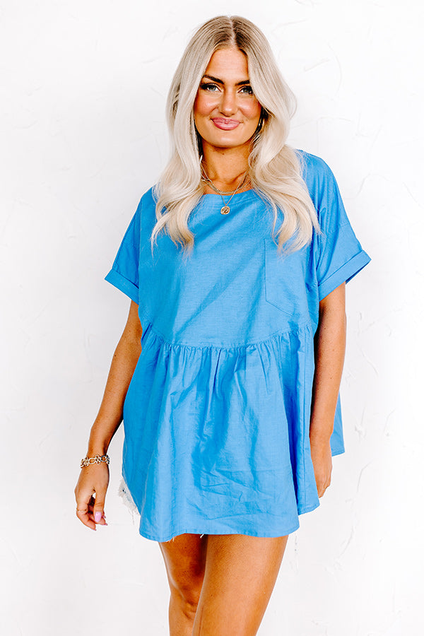 Greek Isles Linen-Blend Babydoll Top Ocean Blue