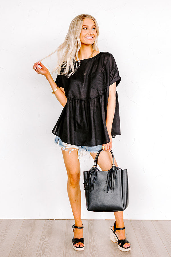 Greek Isles Linen-Blend Babydoll Top In Black