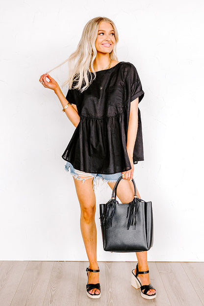Greek Isles Linen-Blend Babydoll Top In Black