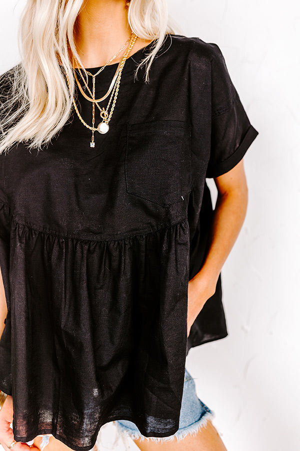 Greek Isles Linen-Blend Babydoll Top In Black