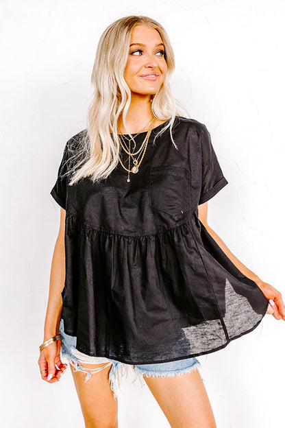 Greek Isles Linen-Blend Babydoll Top In Black