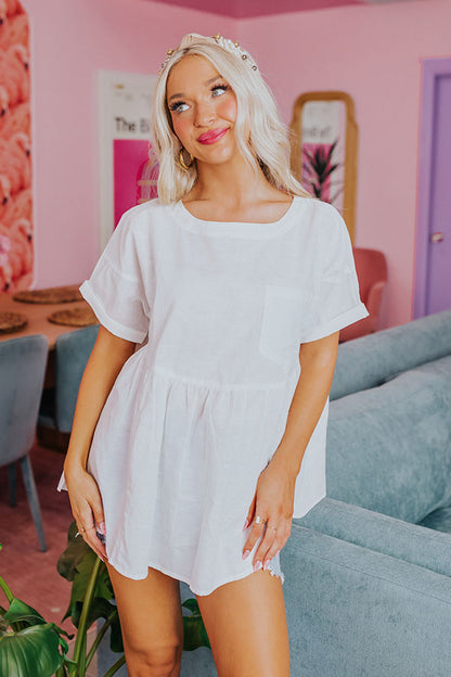 Greek Isles Linen-Blend Babydoll Top In White