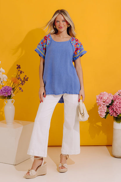 Loving The Sun Embroidered Top In Airy Blue