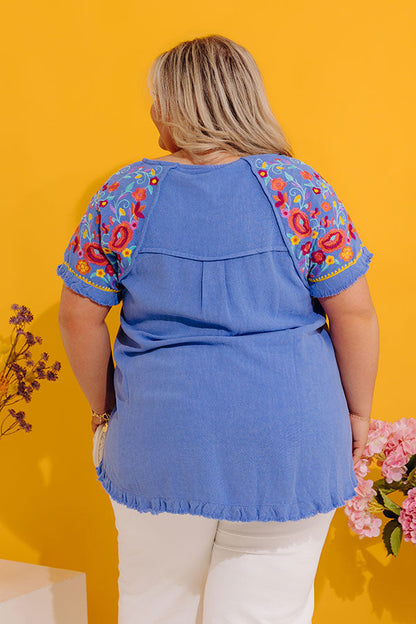 Loving The Sun Embroidered Top In Airy Blue Curves