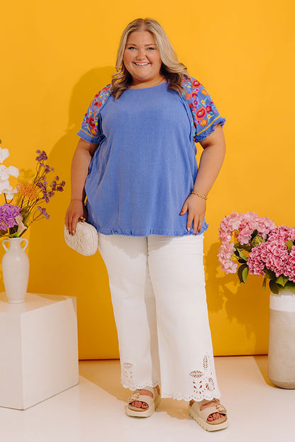 Loving The Sun Embroidered Top In Airy Blue Curves