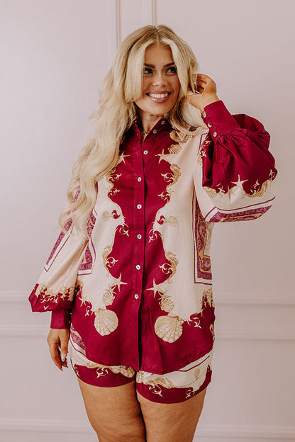 Collecting Seashells Button Up in Wine Curves