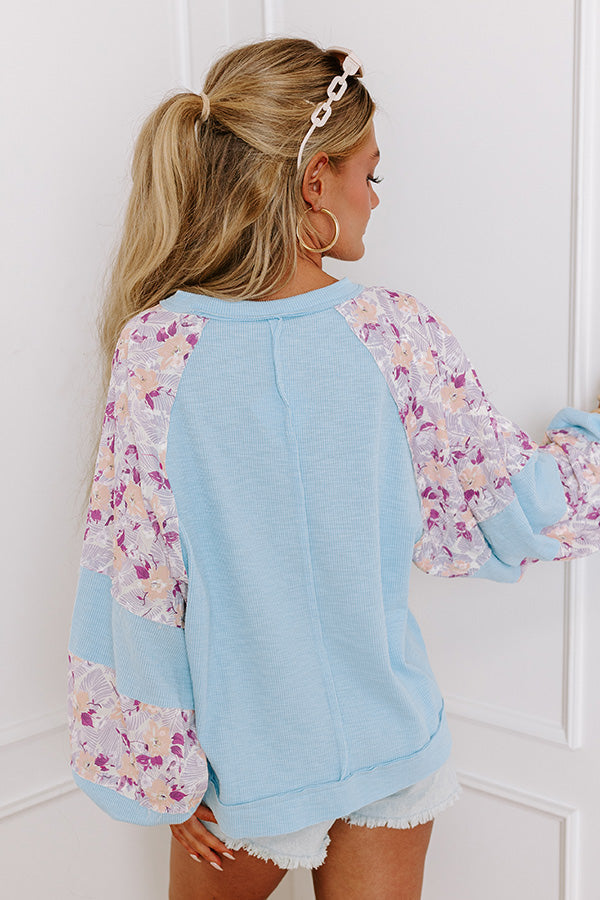 Floral Hint Ribbed Top in Sky Blue