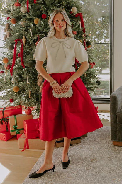 The Belle High Waist Midi Skirt in Red