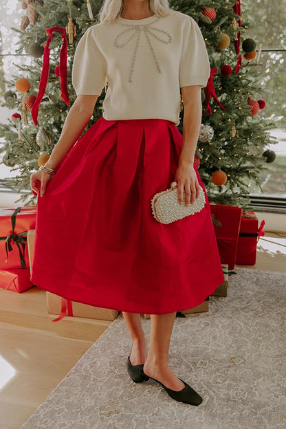 The Belle High Waist Midi Skirt in Red