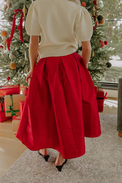 The Belle High Waist Midi Skirt in Red