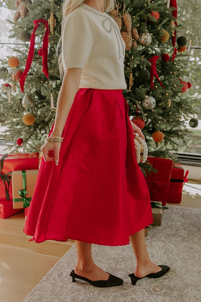 The Belle High Waist Midi Skirt in Red