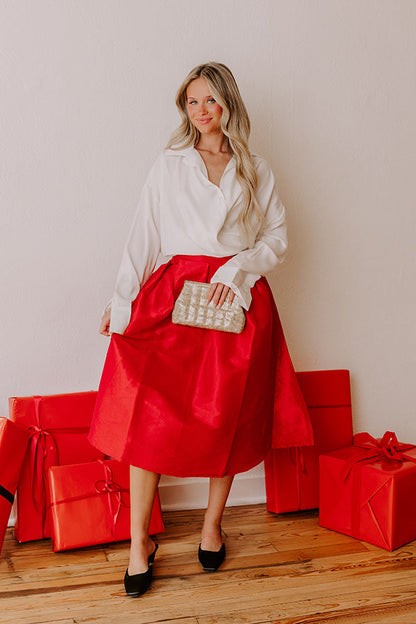 The Belle High Waist Midi Skirt in Red