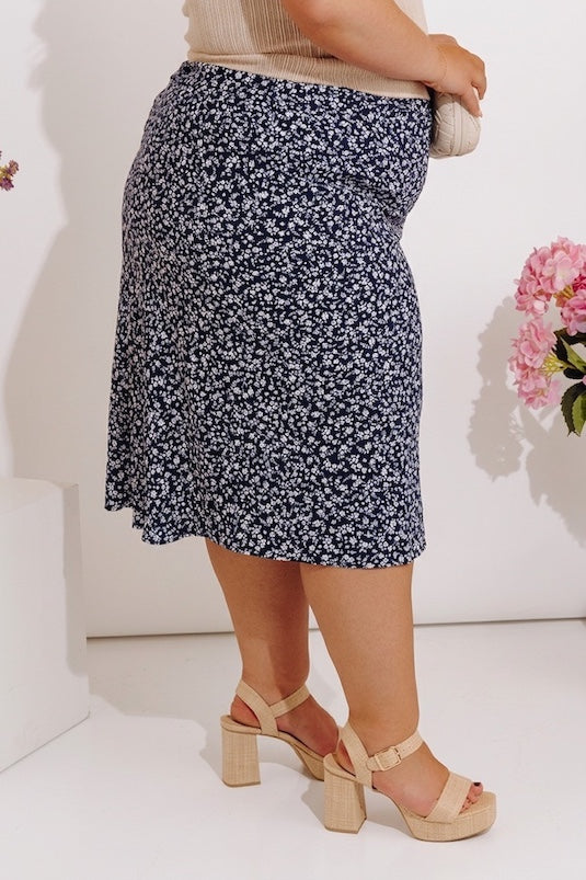 The Caitlyn High Waist Floral Midi Skirt in Navy Curves