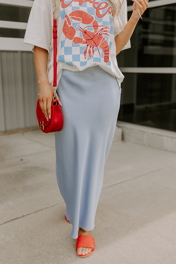 The Tiffany High Waist Satin Midi Skirt in Sky Blue