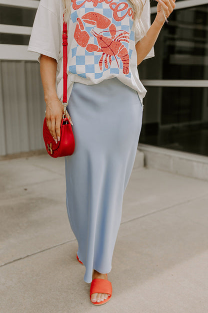 The Tiffany High Waist Satin Midi Skirt in Sky Blue