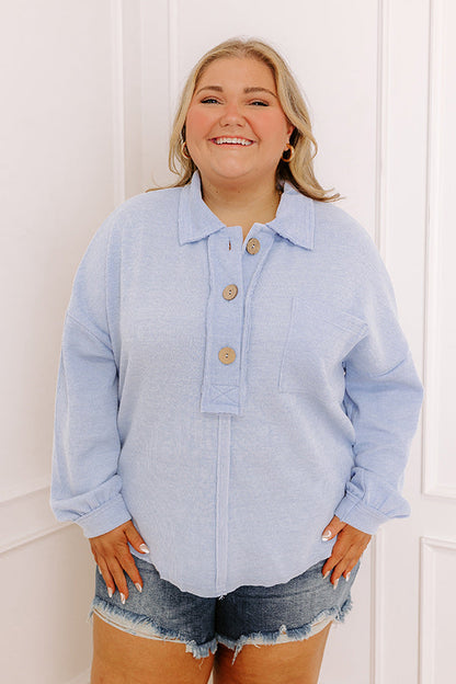 Chic Harvest Knit Henley Top in Sky Blue Curves