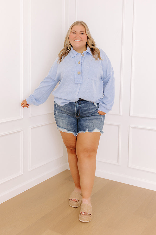 Chic Harvest Knit Henley Top in Sky Blue Curves