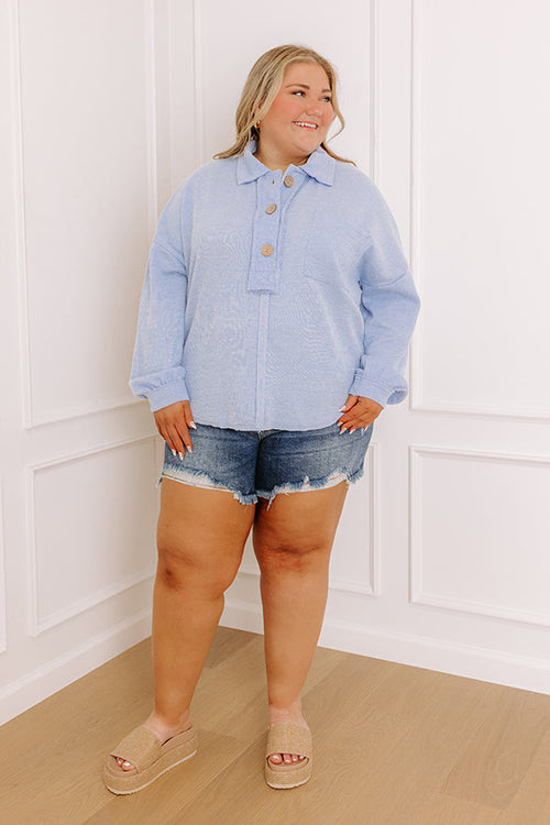 Chic Harvest Knit Henley Top in Sky Blue Curves