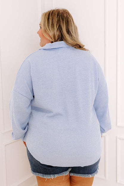 Chic Harvest Knit Henley Top in Sky Blue Curves