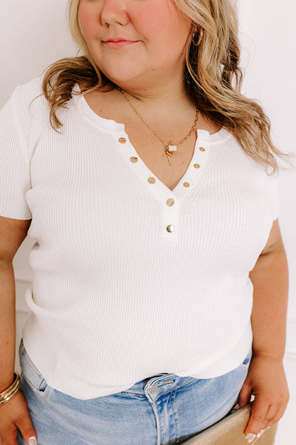 Cafe Hangout Ribbed Henley Top in Ivory Curves