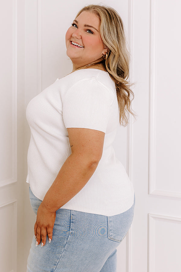 Cafe Hangout Ribbed Henley Top in Ivory Curves