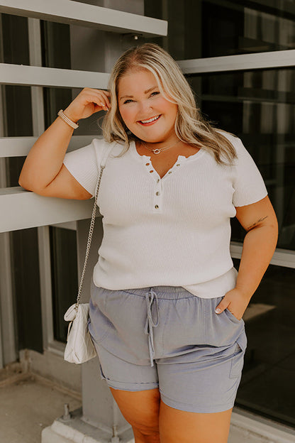 Cafe Hangout Ribbed Henley Top in Ivory Curves
