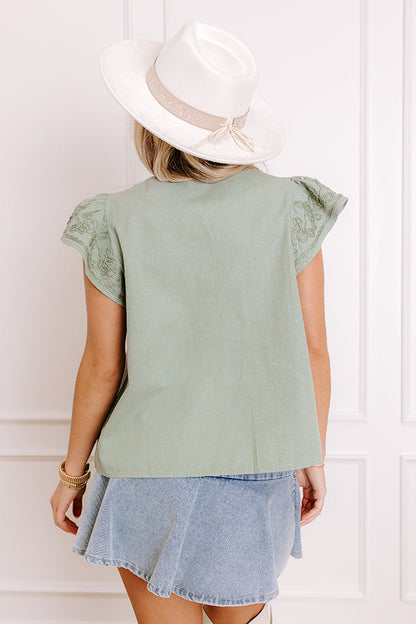 Farmers Market Cutie Embroidered Chambray Top in Sage