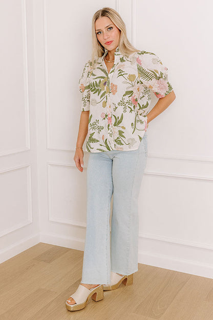 Dreaming Of Dahlias Button Up Top in Ivory