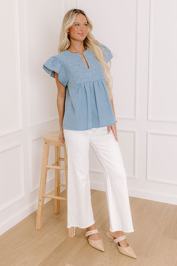 Farmers Market Cutie Embroidered Chambray Top in Light Wash