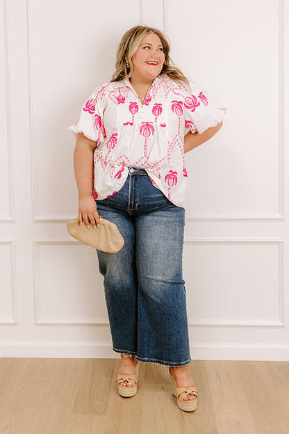 Palms Away Embroidered Top Curves