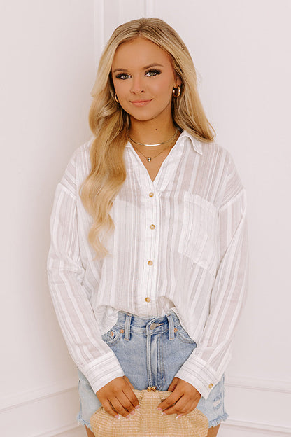 Social Club Chic Stripe Button Up in White