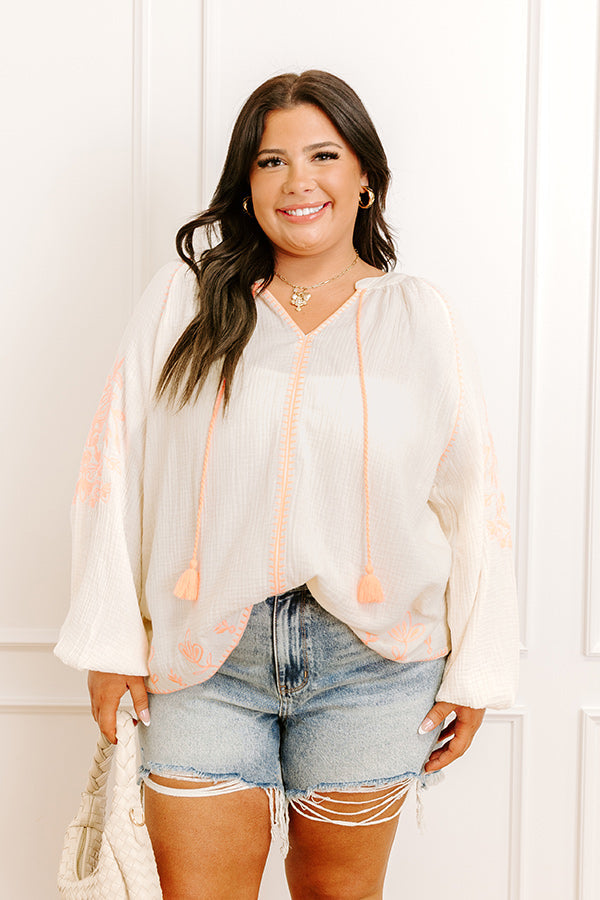 Gardenia Charm Floral Embroidered Top in Cream Curves